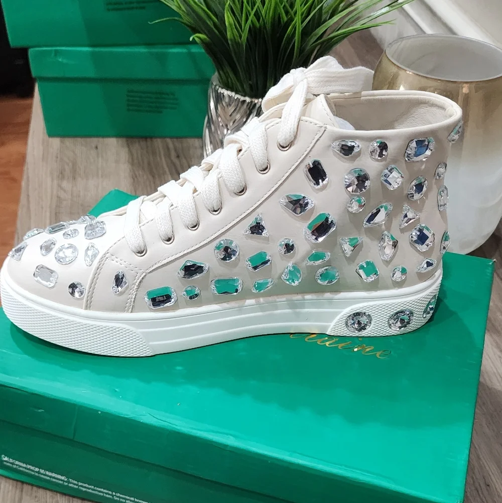 Lauren Lorraine Crystal-Studded Cream Sneakers, Sz 8.5, NWT - Picture 2 of 3